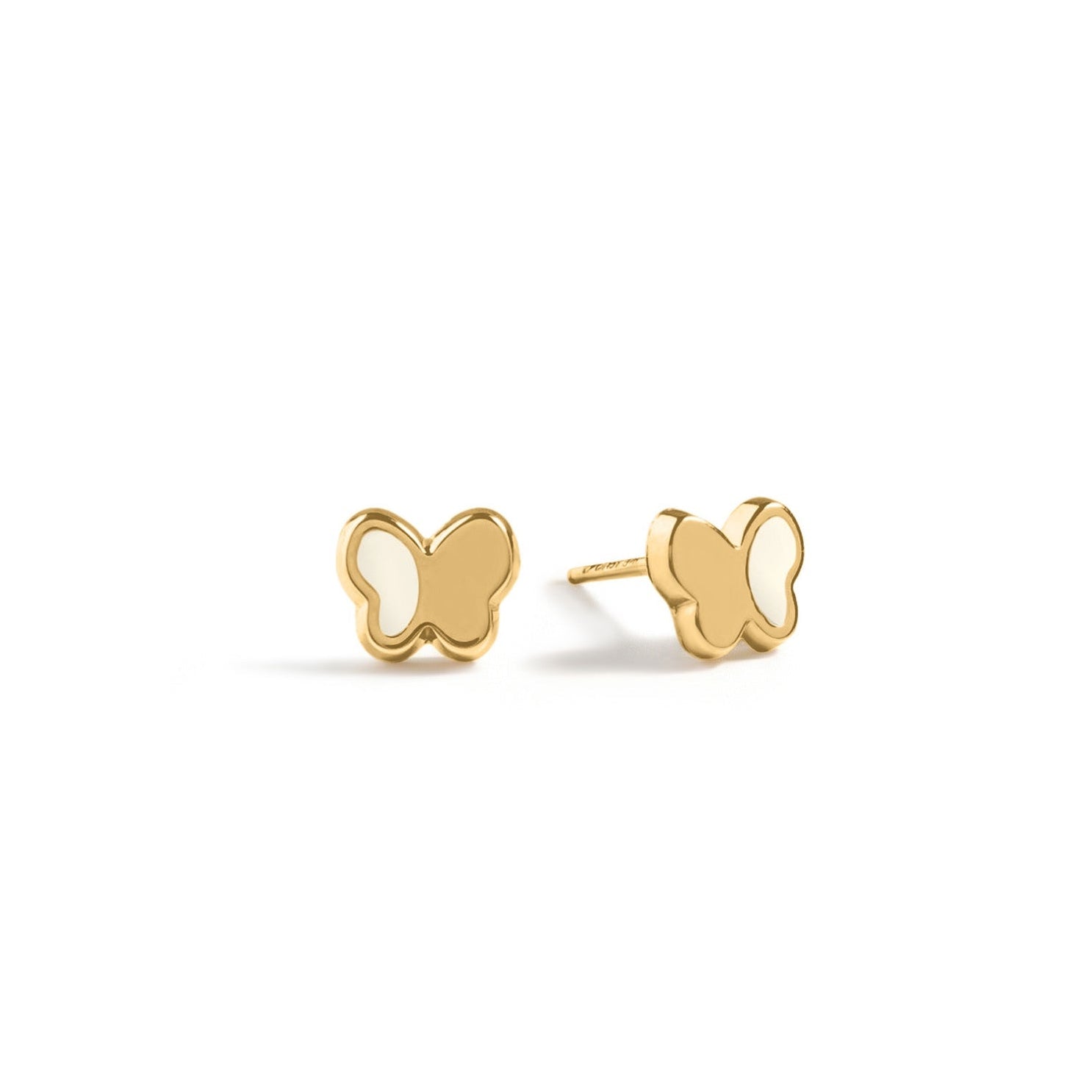 Gold butterfly-shaped earrings with Cream enamel on a white background