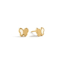 Gold butterfly-shaped earrings with Cream enamel on a white background