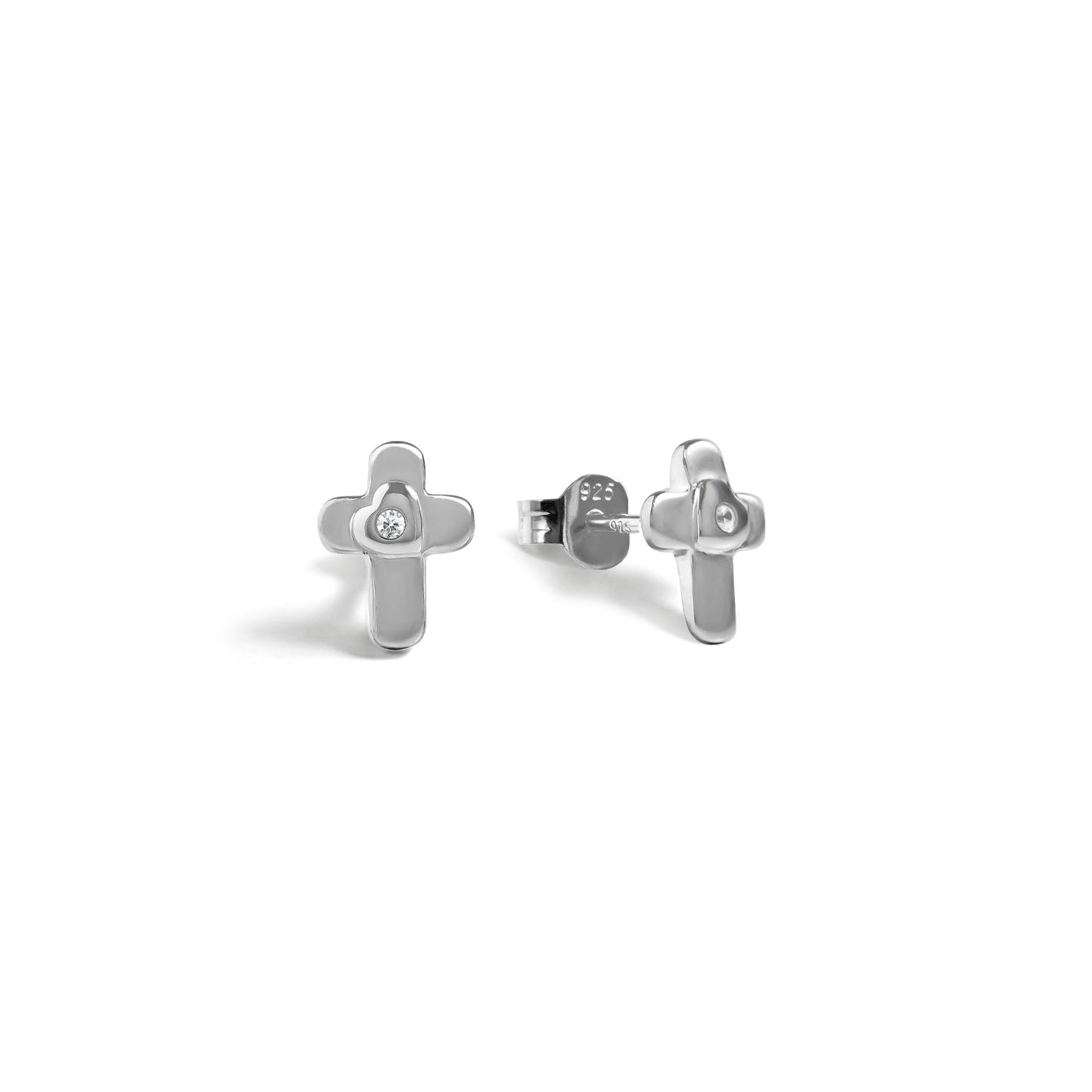 Blue Francis - Brooklyn Cross Studs is a Sterling silver stud earrings with cubic zirconia stone on heart shape and on a white background