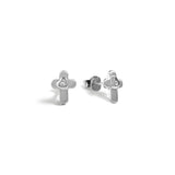 Blue Francis - Brooklyn Cross Studs is a Sterling silver stud earrings with cubic zirconia stone on heart shape and on a white background