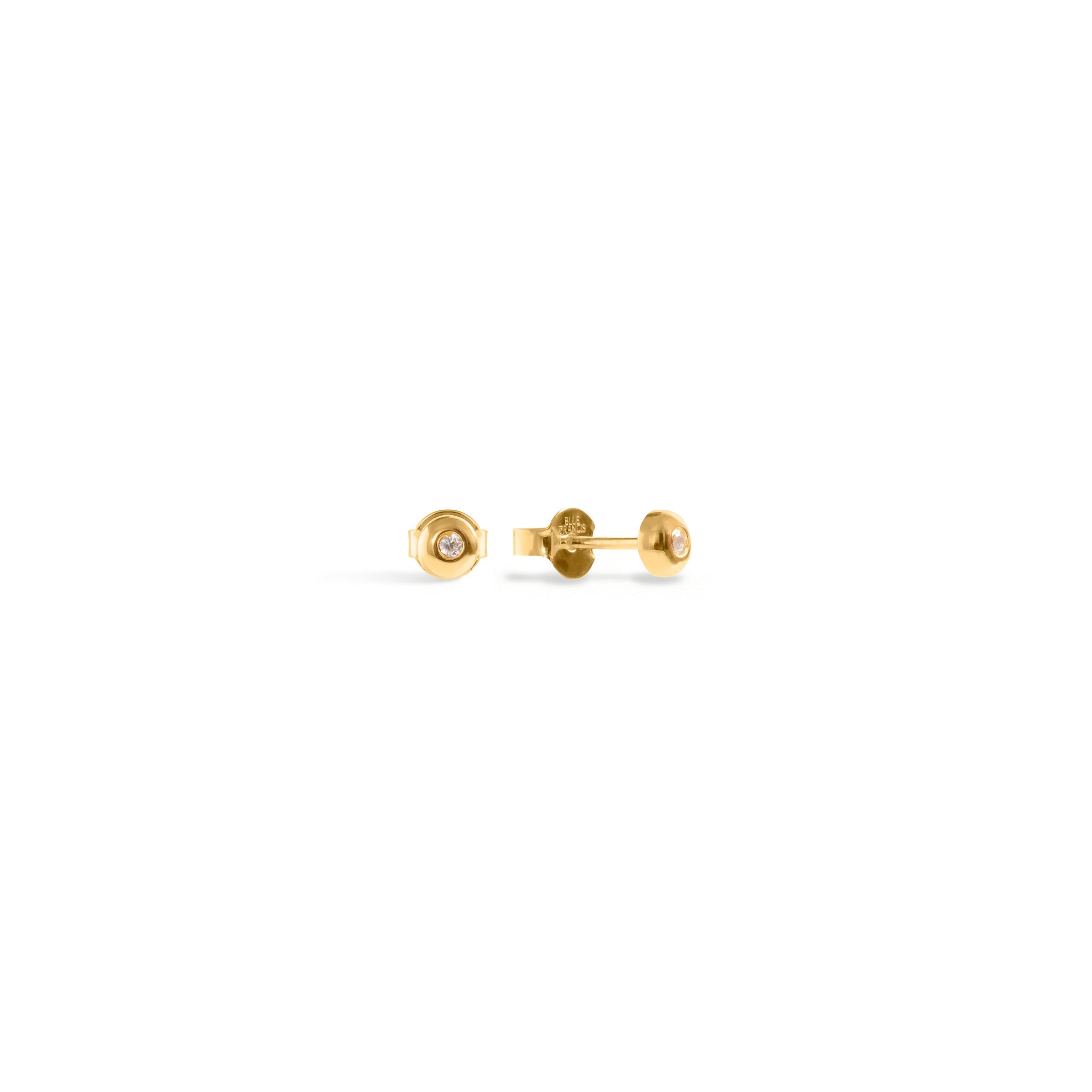 Blue Francis - Twinkle Circle Studs - Gold Vermeil stud earrings with CZ Stone on a white background