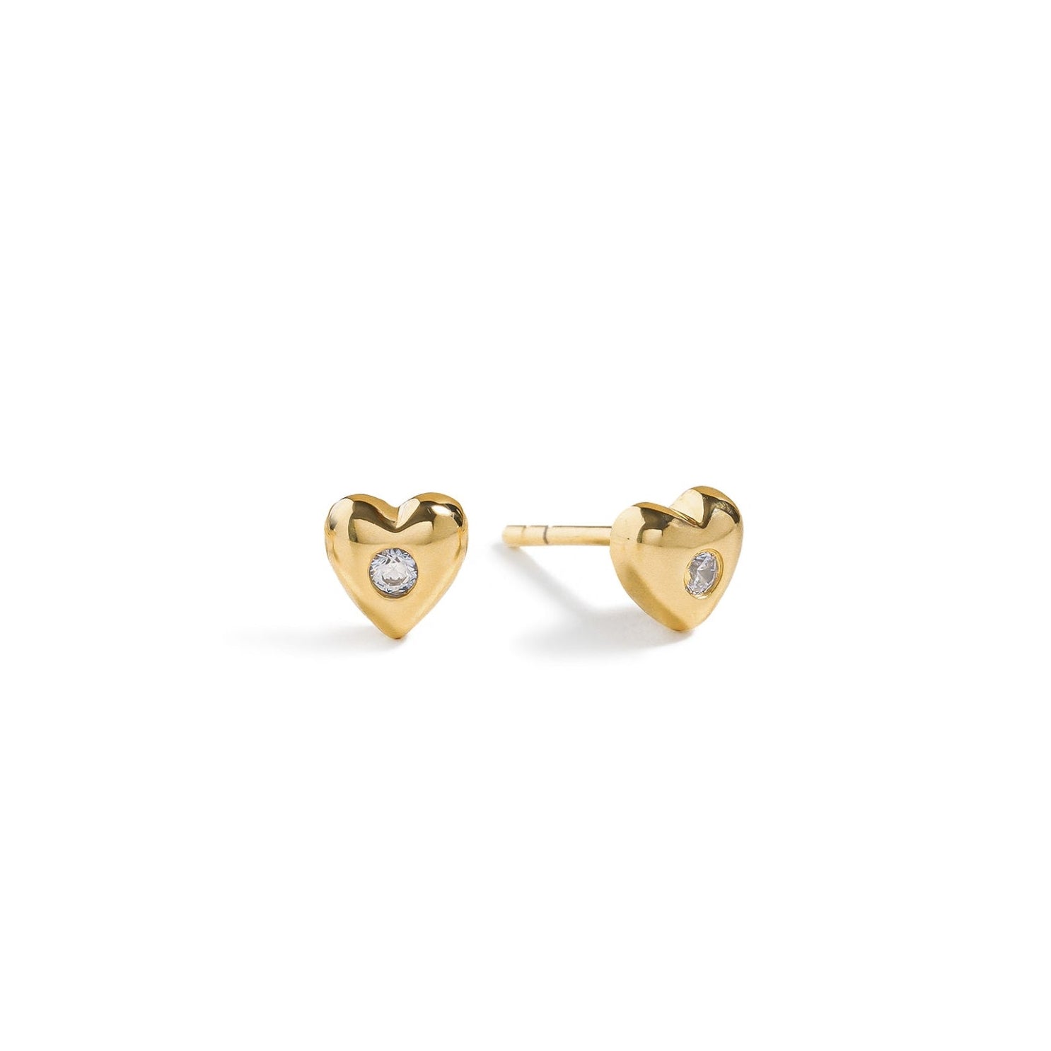 Blue Francis - Twinkle Heart studs is a gold heart-shaped earrings with clear gemstones, photograph on a white background