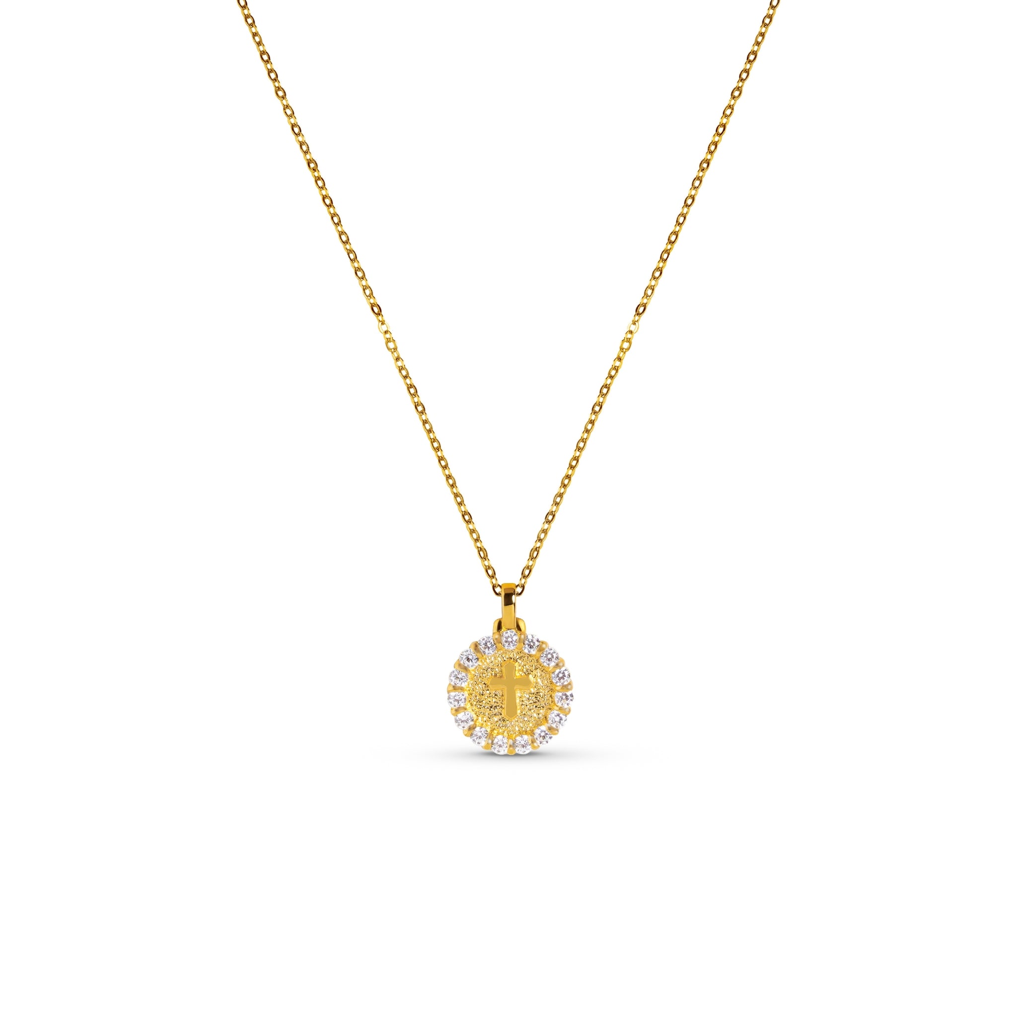 Cross Twinkle Necklace - a Kids Necklace made out of Vermail with cubic zirconia stones, in circle medallion shape and with white background. 