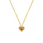 Ruby Liberty Necklace - a gold vermeil kids heart necklace with pink ruby synthetic gemstone flat lay on a white background