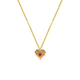 Ruby Liberty Necklace - a gold vermeil kids heart necklace with pink ruby synthetic gemstone flat lay on a white background