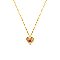 Ruby Liberty Necklace - a gold vermeil kids heart necklace with pink ruby synthetic gemstone flat lay on a white background
