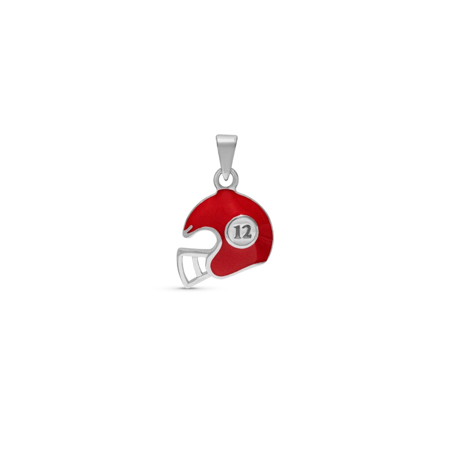 Blue Francis - Liam Rugby Pendant - Red helmet-shaped pendant with number 12 on a white background made in Sterling Silver. 