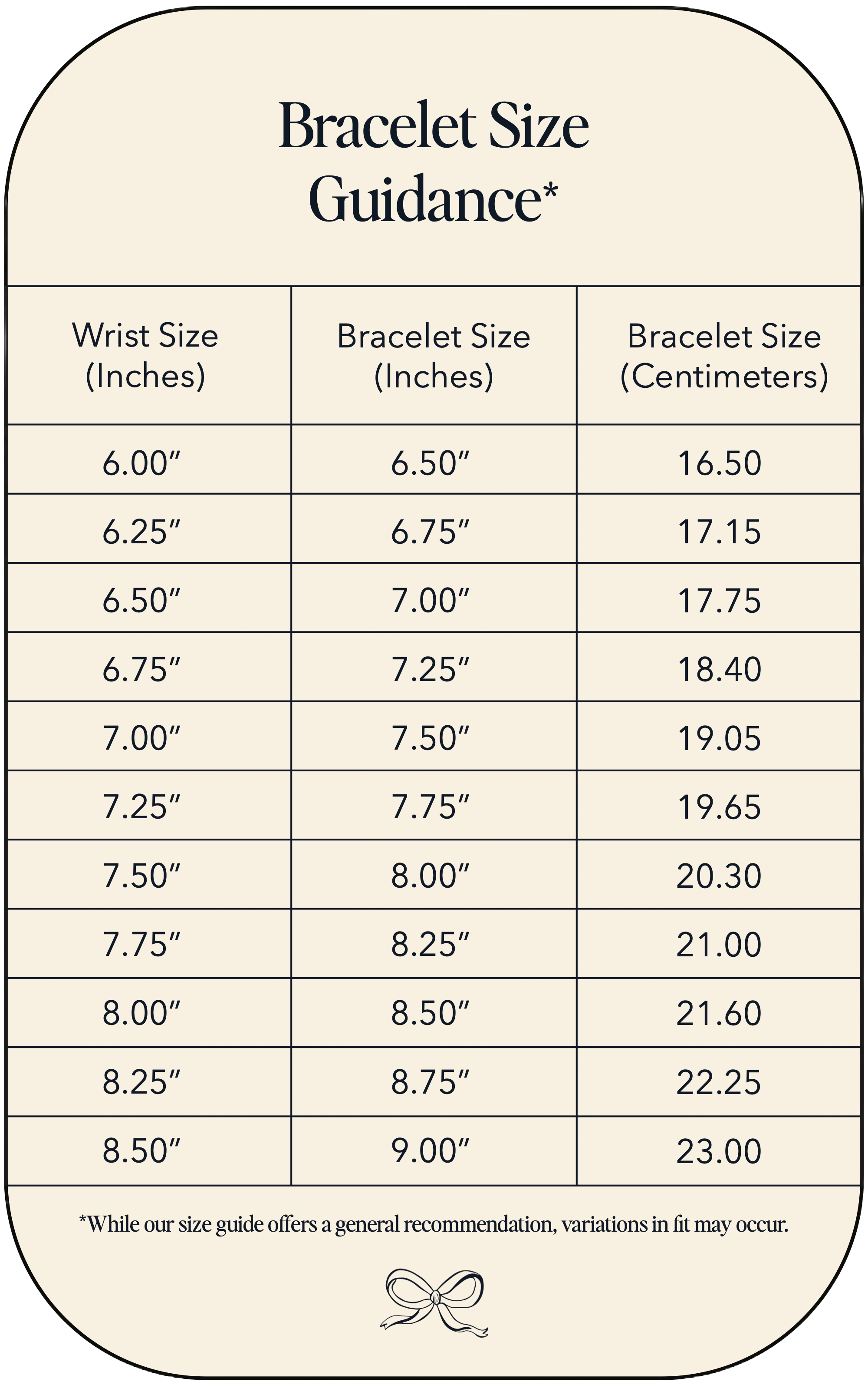 Bracelet size chart showing wrist, bracelet, and centimeter measurements.
