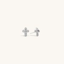 Brooklyn Cross Stud Earrings in sterling silver with cubic zirconia, shown close-up on neutral background for product detail clarity.