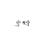 Blue Francis - Brooklyn Cross Studs is a Sterling silver stud earrings with cubic zirconia stone on heart shape and on a white background