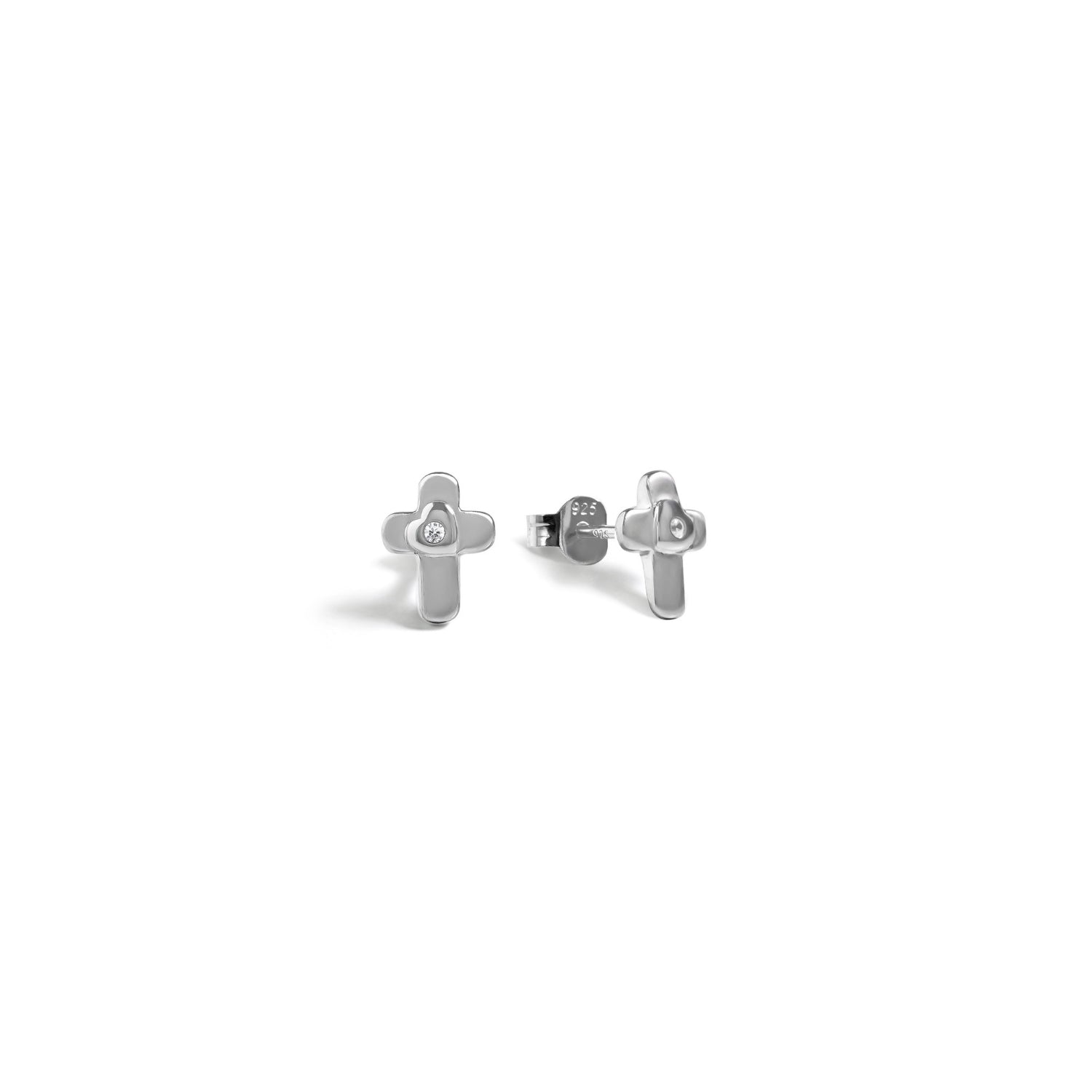 Blue Francis - Brooklyn Cross Studs is a Sterling silver stud earrings with cubic zirconia stone on heart shape and on a white background