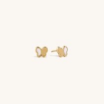 Delicate 14K Gold butterfly stud earrings for children featuring white enamel wing accents, perfect for kids' fine jewelry collection, hypoallergenic earrings for sensitive ears.