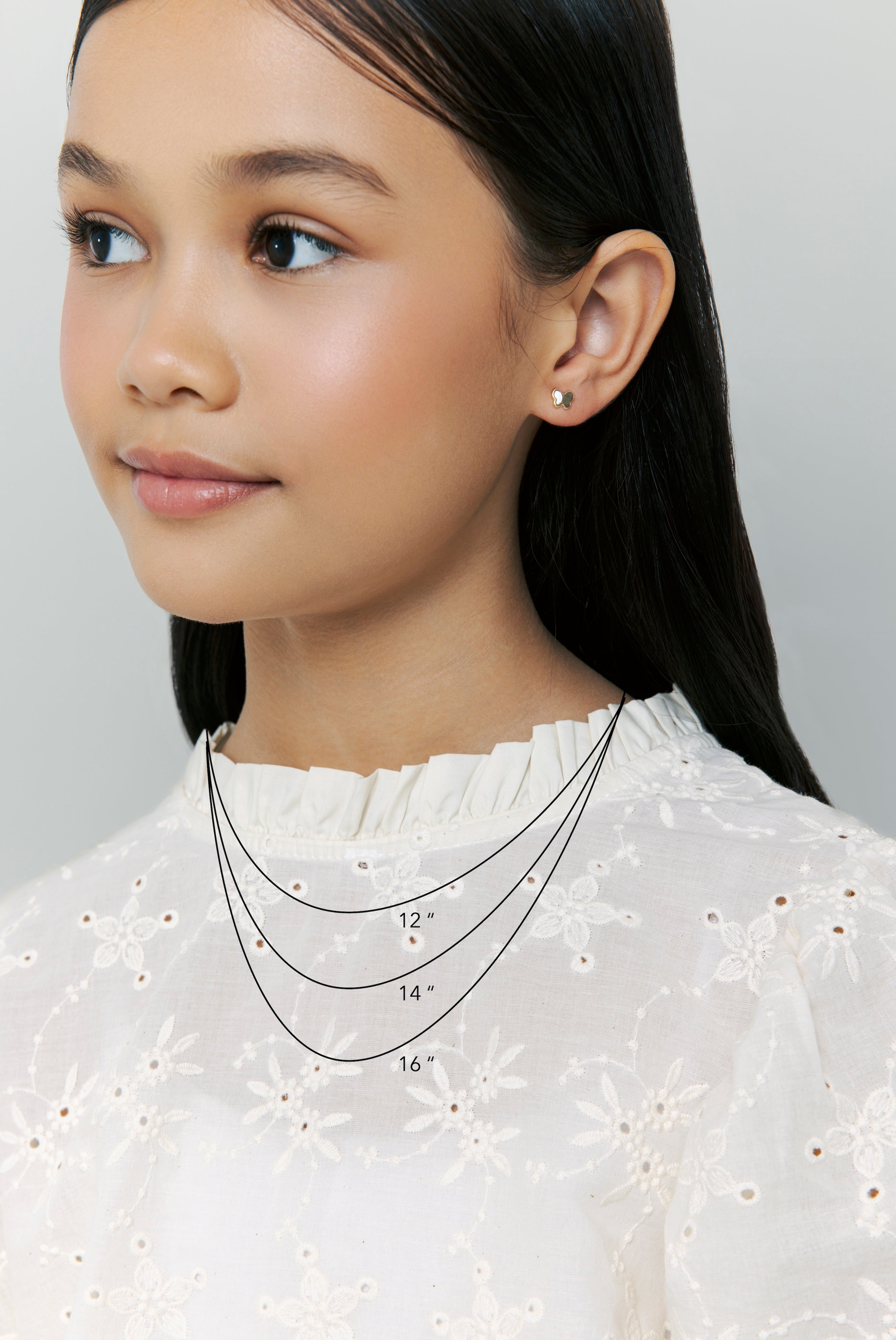 Girl wearing blouse showing necklace lengths at 12, 14, and 16 inches for size reference. - BLUE FRANCIS