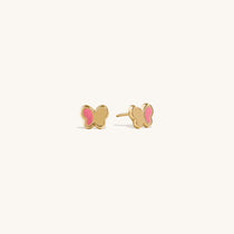 Charming 14K gold butterfly earrings for children with pink enamel wing details, premium quality kids' jewelry, dainty gold studs for girls.