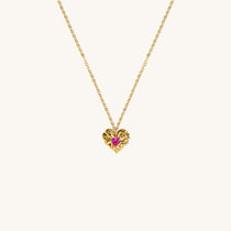 Gold vermeil kids heart necklace with pink ruby corundum gemstone, elegant children’s jewelry gift for birthdays and special occasions.