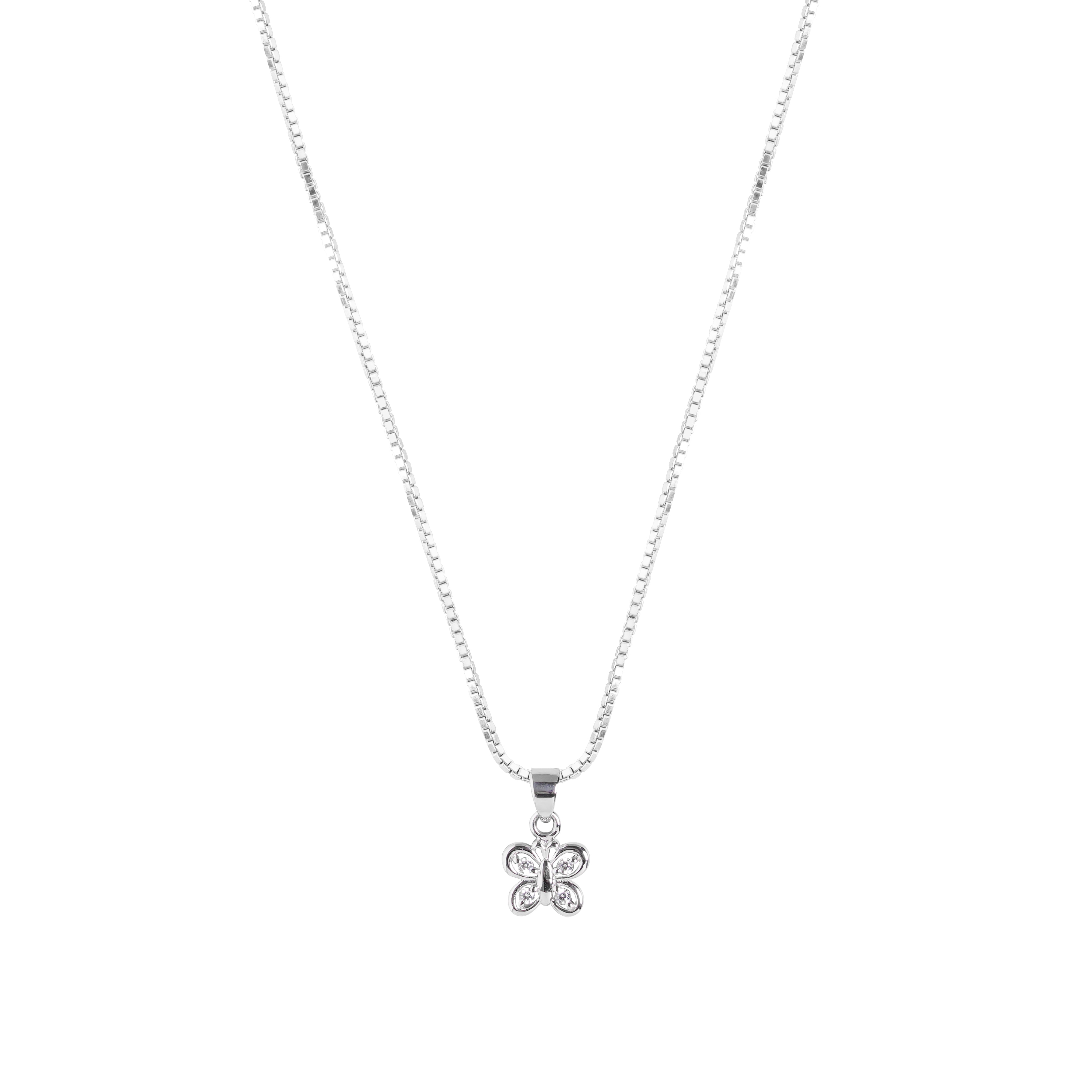 Silver Butterfly necklace with Box Chain on a white background - Brooklyn Butterfly Necklace - BLUE FRANCIS