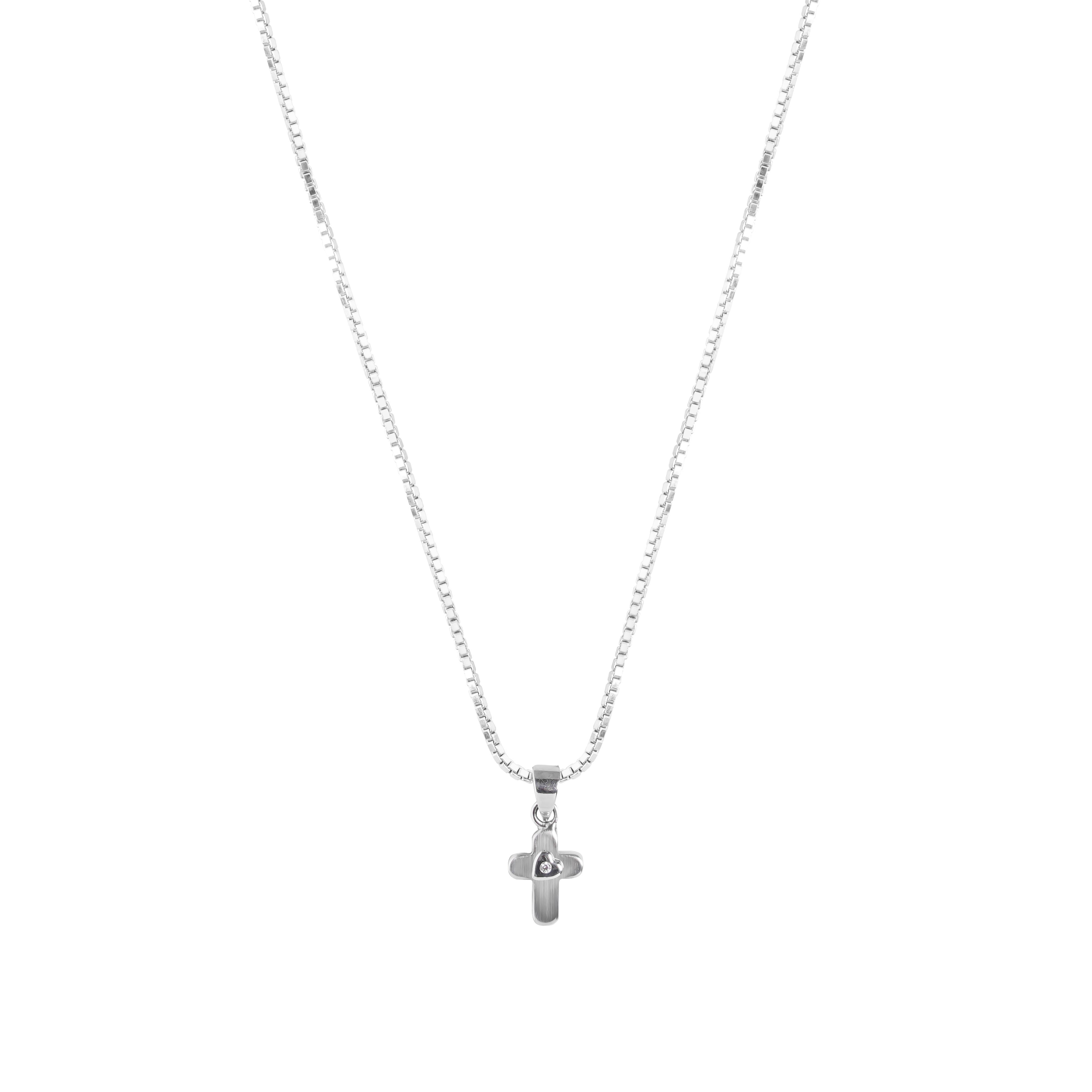 Silver necklace with a small pendant on a white background - Brooklyn Cross Necklace Box Chain - Blue Francis