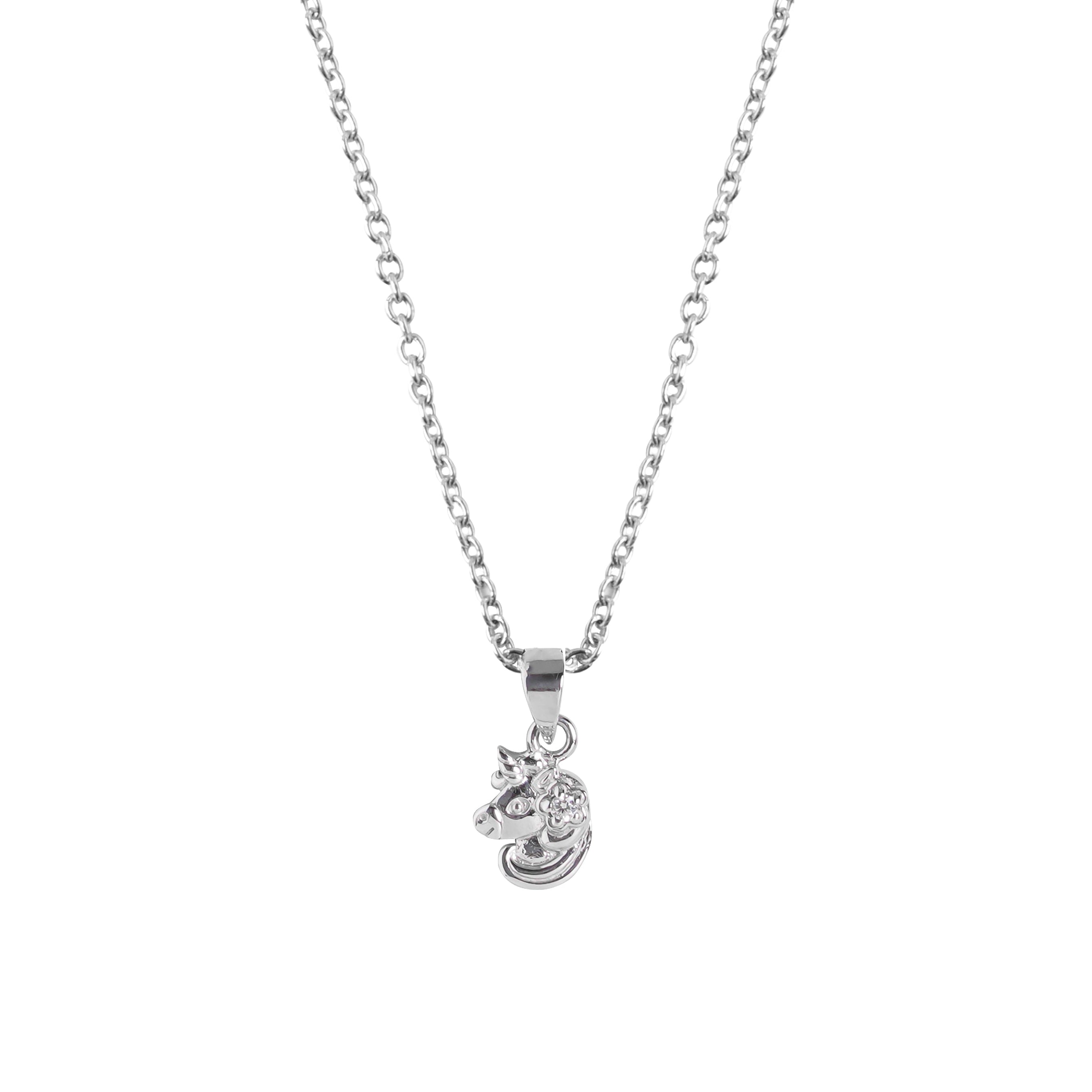 Silver necklace with a small pendant on a white background - Brooklyn Unicorn Necklace Cable Chain- BLUE FRANCIS
